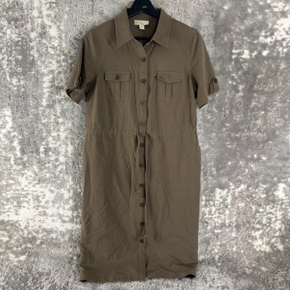 Appleseed's Petites Size 8p Button Front Safari Utility Shirt Dress Brown Women